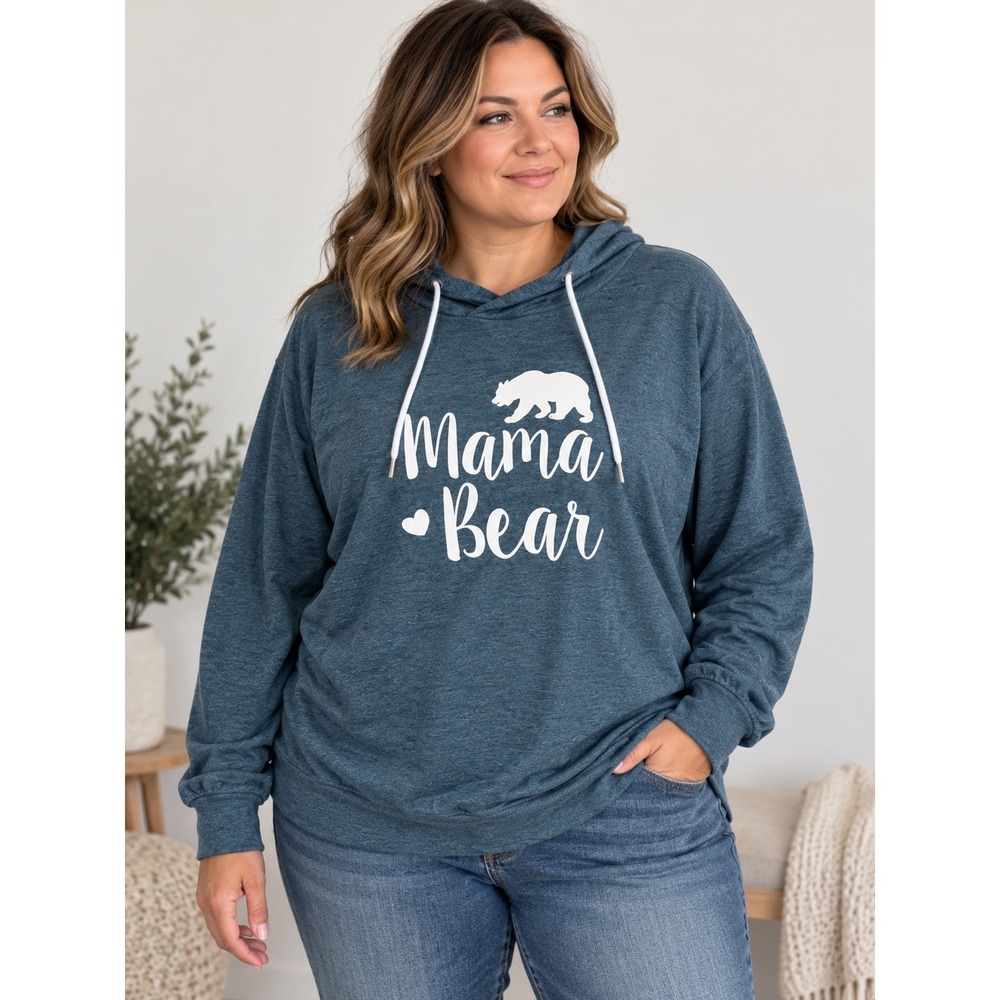 Mama Bear Graphic Hoodie Heather Teal Blue Lightweight Pullover Size 2XL